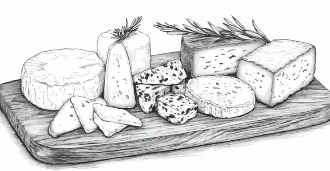 Ink drawing of a wooden board with cheeses and rosemary